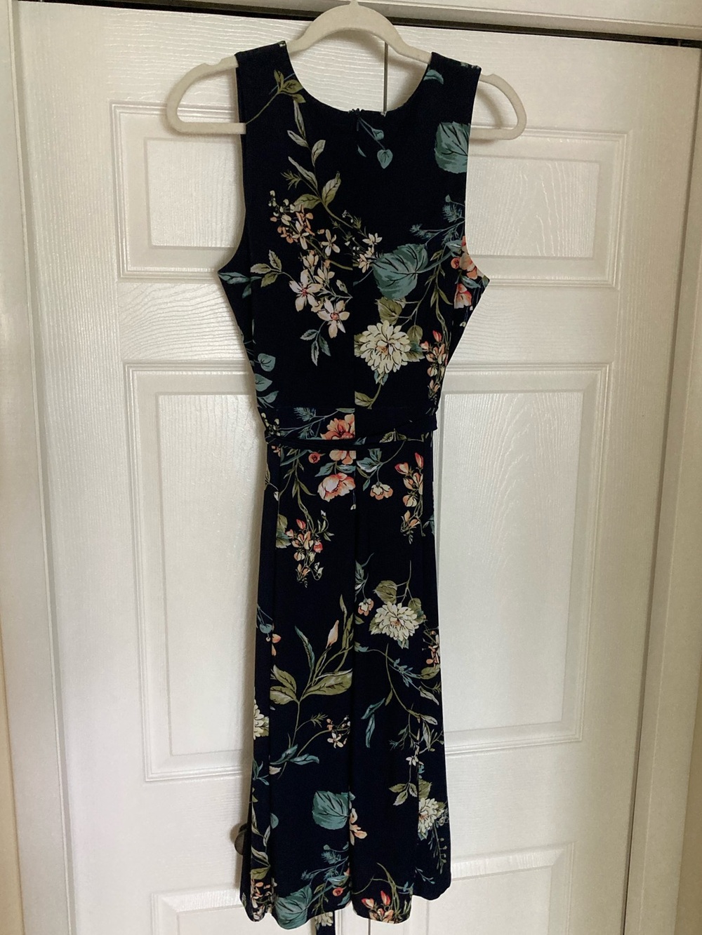 Anne Klein Navy Floral Midi Dress with Tie Waist